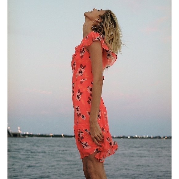 Neon Floral Print Asymmetrical Ruffle Dress - Picture 1 of 5